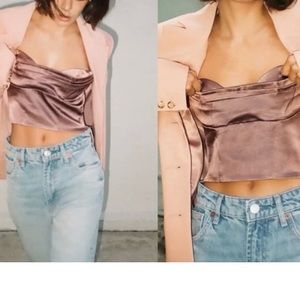 NWT BLOGGER FAV Zara Satin Effect Crop Top CORSET Metallic Rose Mauve Bralette